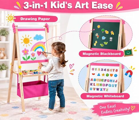 Art Easel for Kids - Adjustable Wooden Double-Sided Magnetic Whiteboard and Chalkboard with Paper Roll, 100+ Drawing Accessories - Foldable Painting Birthday Gifts for Boys Girls Ages 3-12, Pink in Saudi Arabia