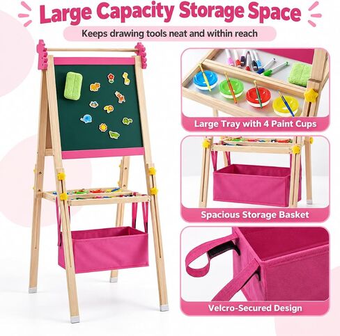 Art Easel for Kids - Adjustable Wooden Double-Sided Magnetic Whiteboard and Chalkboard with Paper Roll, 100+ Drawing Accessories - Foldable Painting Birthday Gifts for Boys Girls Ages 3-12, Pink in Saudi Arabia