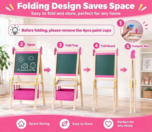 Art Easel for Kids - Adjustable Wooden Double-Sided Magnetic Whiteboard and Chalkboard with Paper Roll, 100+ Drawing Accessories - Foldable Painting Birthday Gifts for Boys Girls Ages 3-12, Pink in Saudi Arabia