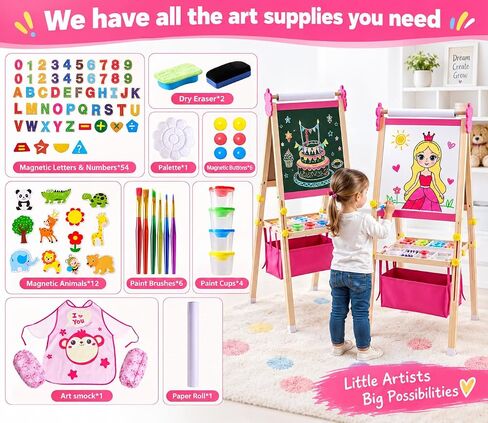 Art Easel for Kids - Adjustable Wooden Double-Sided Magnetic Whiteboard and Chalkboard with Paper Roll, 100+ Drawing Accessories - Foldable Painting Birthday Gifts for Boys Girls Ages 3-12, Pink in Saudi Arabia