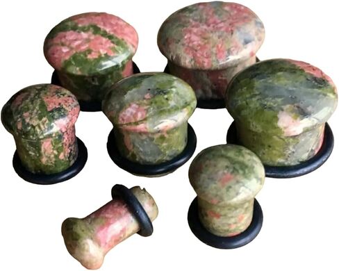 Lobal Domination Pair Single Flare Unakite Stone Plugs Gauges Earlets Organic Pierced Body Jewelry in Kuwait