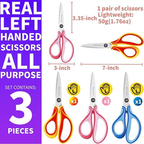 7" Real Left-Handed Kids Scissors Ages 8+ for School, Pointed Tip, 3-Pack in Saudi Arabia