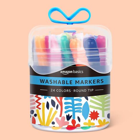 Amazon Basics Washable Markers for Kids, Fine Tip Assorted Colors, Non-Toxic Drawing and Coloring School Supplies Set, Pack of 24 in Kuwait