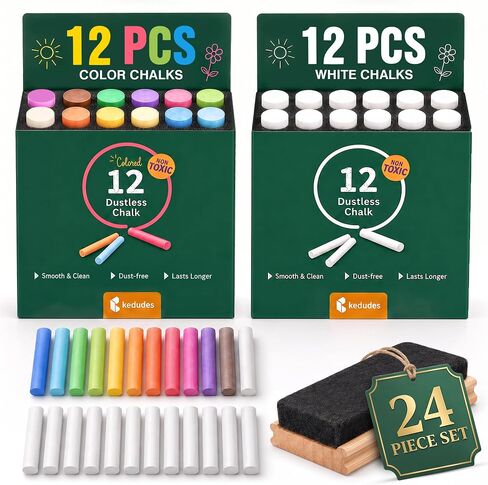 kedudes Dustless Chalk with Eraser, 24pk - 12 Colored Chalkboard Chalks and 12 White Chalk for Chalkboard and Board Erasers Set - Blackboard Chalks and Eraser with Wooden Handle in Kuwait