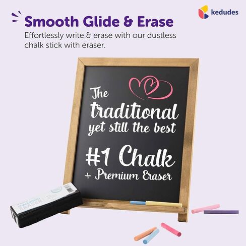 kedudes Dustless Chalk with Eraser, 24pk - 12 Colored Chalkboard Chalks and 12 White Chalk for Chalkboard and Board Erasers Set - Blackboard Chalks and Eraser with Wooden Handle in Kuwait