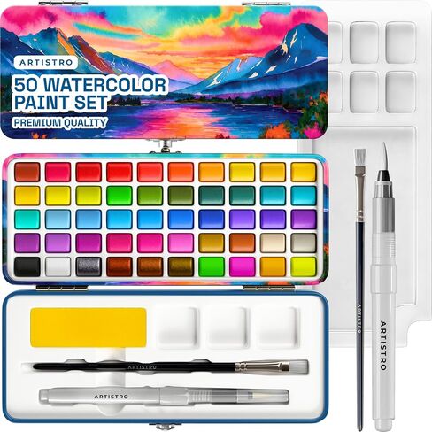 ARTISTRO 50 Watercolor Paint Set, Sunrise Set, Palette & Brushes in Kuwait