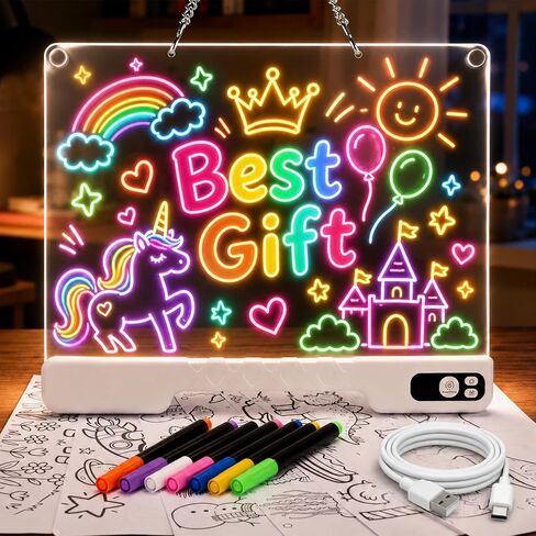 LED Drawing Board for Kid - Rechargeable 14" Doodle Glow Neon Art Note Boards, Holiday Birthday Gifts Toy for Kids Girls Boys Teens, Light Up Acrylic Dry Erase Message Note Writing Pad with 7 Markers in Saudi Arabia