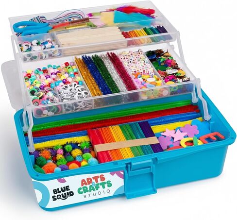 Blue Squid Arts & Crafts Box (Blue)- 2800+ pcs Deluxe Craft Supplies Box, 2 Drawers, 18 Compartments, Sturdy Handle - Art Crafting Kit Birthday Gifts for Kids, School Supply for Ages 4-12 in Saudi Arabia