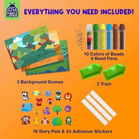 PURPLE LADYBUG My Beadstories Animal Bead Art Kit for Kids, Mosaic Craft Kit, Create 16 Story Pals with 10 Bead Colors, 6 Bead Pens and 3 Backgrounds, Creative Gift for Boys and Girls in Saudi Arabia