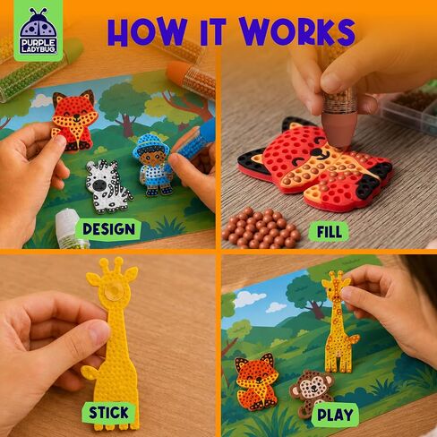 PURPLE LADYBUG My Beadstories Animal Bead Art Kit for Kids, Mosaic Craft Kit, Create 16 Story Pals with 10 Bead Colors, 6 Bead Pens and 3 Backgrounds, Creative Gift for Boys and Girls in Saudi Arabia