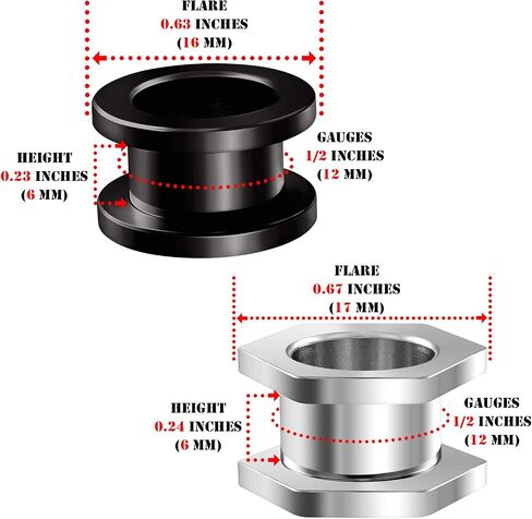 BIG GAUGES 2 Pairs 316L Surgical Steel Black Anodized Screw Flesh Tunnels Piercing Jewelry Stretcher Ear Hexagon Plugs Earring Lobe in Kuwait