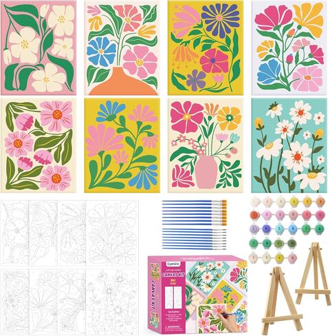 Goldentime 8 Pack Paint by Numbers Kit for Adults and Kids Beginners | 8x10 Inch Flower Canvas Painting Kit with 16 Brushes, 26 Acrylic Paints & Wooden Supports | Predrawn Canvas for Home Decor Gifts in Kuwait