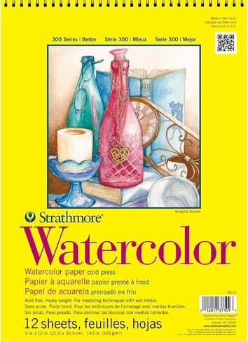 لوحة ورق بألوان مائية من سلسلة Strathmore 300، شريط لاصق، 9 × 12 بوصة، 12 ورقة (140 رطل/300 جم) - ورق فني للبالغين والطلاب - ألوان مائية، وسائط مختلطة، أقلام تحديد ومذكرات فنية in Kuwait