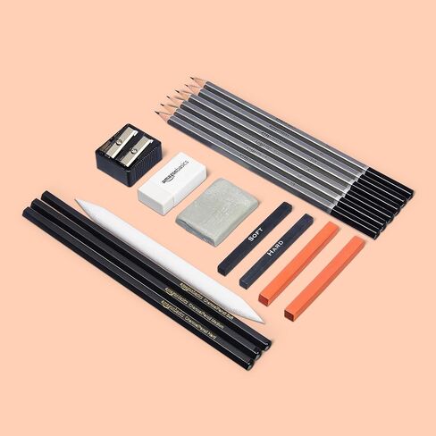 Amazon Basics Sketching and Drawing Art Pencil Kit, 17-Piece Set for Artists, Drawing Supplies with Pencils, Charcoal, Erasers, Sharpener for Shading, Black, White in Saudi Arabia