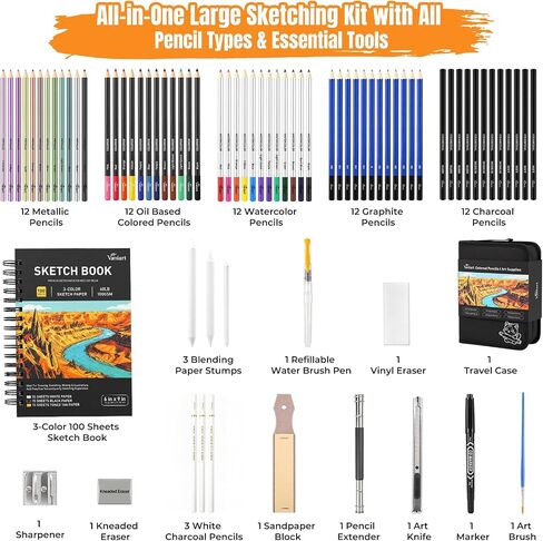176PCS Art Supplies, Drawing Kit with 3-Color 100 Sheets Sketchbook in Kuwait