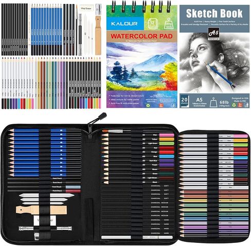 KALOUR 76 Drawing Sketching Kit Set - Pro Art Supplies with Sketchbook & Watercolor Paper - Include Tutorial,Pastel,Watercolor,Sketch,Colored,Metallic,Charcoal Pencils - for Artists Beginners Adults in Kuwait