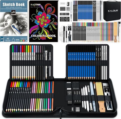 KALOUR 76 Drawing Sketching Kit Set - Pro Art Supplies with Sketchbook & Watercolor Paper - Include Tutorial,Pastel,Watercolor,Sketch,Colored,Metallic,Charcoal Pencils - for Artists Beginners Adults in Kuwait