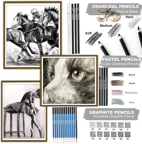 KALOUR 76 Drawing Sketching Kit Set - Pro Art Supplies with Sketchbook & Watercolor Paper - Include Tutorial,Pastel,Watercolor,Sketch,Colored,Metallic,Charcoal Pencils - for Artists Beginners Adults in Kuwait