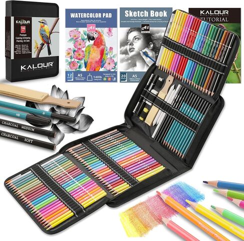 KALOUR 76 Drawing Sketching Kit Set - Pro Art Supplies with Sketchbook & Watercolor Paper - Include Tutorial,Pastel,Watercolor,Sketch,Colored,Metallic,Charcoal Pencils - for Artists Beginners Adults in Kuwait