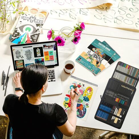 KALOUR 76 Drawing Sketching Kit Set - Pro Art Supplies with Sketchbook & Watercolor Paper - Include Tutorial,Pastel,Watercolor,Sketch,Colored,Metallic,Charcoal Pencils - for Artists Beginners Adults in Kuwait