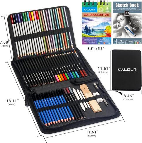 KALOUR 76 Drawing Sketching Kit Set - Pro Art Supplies with Sketchbook & Watercolor Paper - Include Tutorial,Pastel,Watercolor,Sketch,Colored,Metallic,Charcoal Pencils - for Artists Beginners Adults in Kuwait