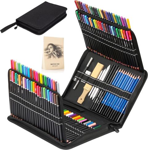 KALOUR 76 Drawing Sketching Kit Set - Pro Art Supplies with Sketchbook & Watercolor Paper - Include Tutorial,Pastel,Watercolor,Sketch,Colored,Metallic,Charcoal Pencils - for Artists Beginners Adults in Kuwait