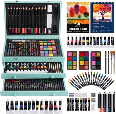 TMOL Art Supplies, 175-Pack Deluxe Art Set Drawing Painting Kit with 2 Drawing Pads, Acrylic Paints, Colored Pencils, Crayons, Art Kit in Wooden Case, Gift for Artist, Adults, Teens and Kids in Saudi Arabia