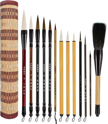 Chinese Calligraphy Brush Set with Roll-Up Bamboo Holder-13 Pieces in Kuwait