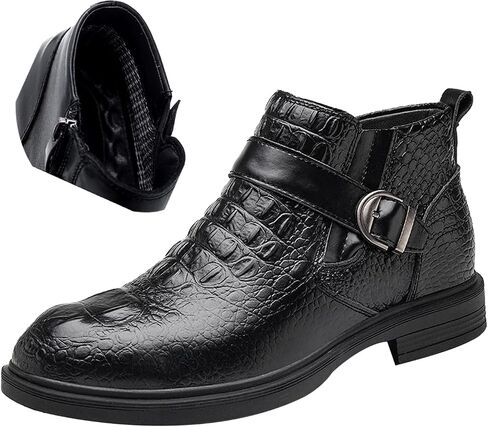 Men's Crocodile Print Genuine Leather Ankle Boots,Winter Warm Bukle Strap Ankle High-top Business Formal Booties in Saudi Arabia