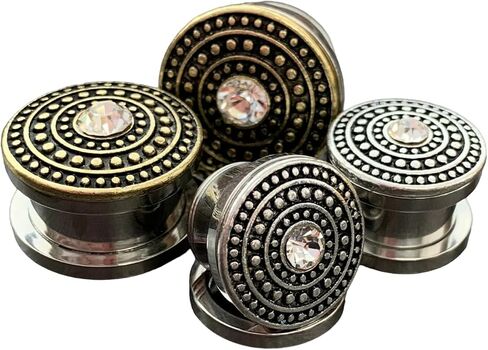 Lobal Domination Pair of Gold or Silver Gem Centered Shield Top Steel Screw Fit Flesh Tunnels Plugs in Kuwait