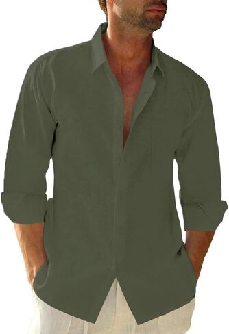JEKAOYI Button Down Linen Shirts for Men Casual Long Sleeve Regular Fit Cotton Beach Shirt with Pocket in Kuwait