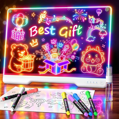 LED Drawing Board with 9 Light Effects, Rechargeable 16" Glow Doodle Note Message Board with Colors, Neon Light Up Drawing Pad Gift Ideas for Kids, Birthday, Christmas with Markers & Tracing Book in Saudi Arabia
