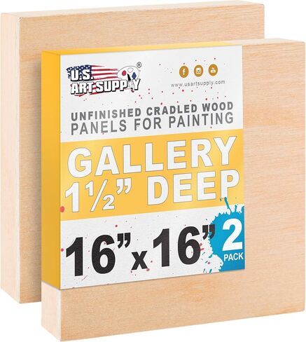 لوحات صب طلاء خشب البتولا مقاس 20 بوصة × 20 بوصة من US Art Supply، مهد عميق للمعرض مقاس 1-1/2 بوصة (عبوة من قطعتين) - لوحات جدارية خشبية بعمق الفنان - لوحة فنية للوسائط المختلطة، أكريليك، زيت، كاوية in Kuwait