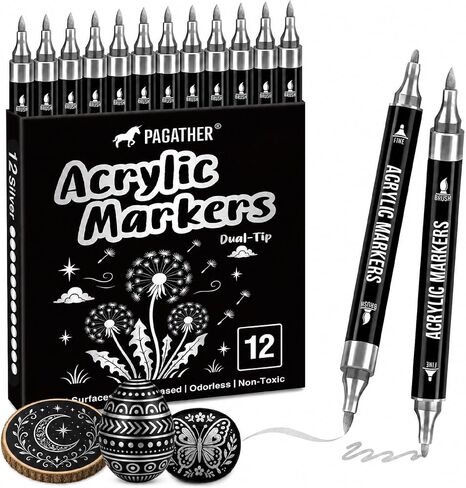 Pagather Black White Acrylic Paint Markers, 12 Dual Tip Fine Brush Pens in Saudi Arabia