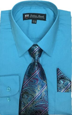 Fortino Landi Men's Long Sleeve Dress Shirt, with Tie and Hanky - Many Colors in Kuwait