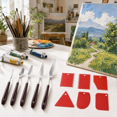 11Pcs Painting Palette Knife Set, 5Pcs Stainless Steel Palette Paint Knives with 6Pcs Plastic Scrapers, Flexible Palette Knives, Paint Spatula for Oil, Acrylic, Canvas, Watercolor & Cake Decorating in Kuwait