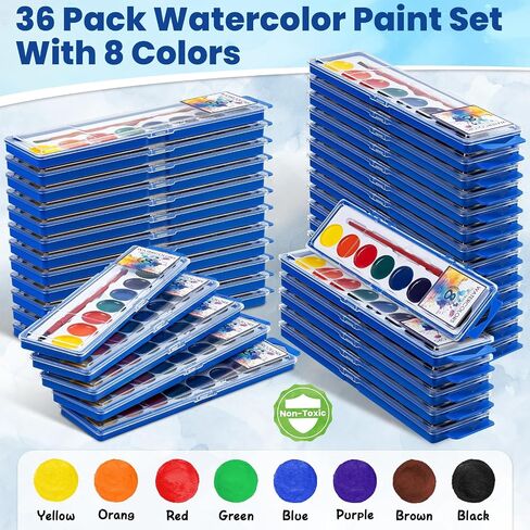 36 Pack Watercolor Paint Set Bulk,8 Colors Washable WaterColor Paint for Kids, Water Color Paint with Brushes, Ideal Valentine Party Favors, Art Supplies for School Classroom Home in Kuwait