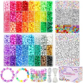 Gionlion 4200Pcs Pony Beads for Bracelet Making Kit, 48 Colors Kandi Beads Bracelet Kit, 2500PCS Rainbow Candy, 1700PCS Friendship Letter Bead with 20 Meter Elastic Strings in Kuwait