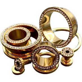 Lobal Domination Pair of CZ Gem Rimmed Gold Ion Plated Tunnels Plugs Pierced Earlets Gauges in Kuwait
