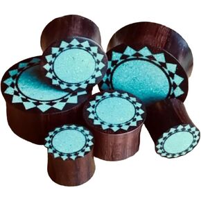 PAIR of Crushed Turquoise Tribal Sunburst Inlaid Wood Saddle Plugs - Gauges 00g - 1" in Saudi Arabia