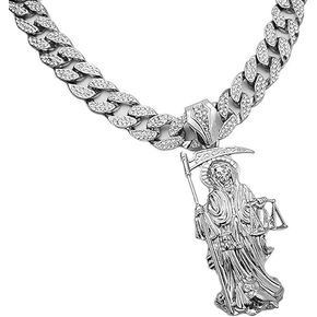 BLINGFACTORY Hip Hop White Gold PT Saint Death Santa Muerte Pendant & 16" 18" 20" Iced Cuban Choker Chain Necklace in Saudi Arabia