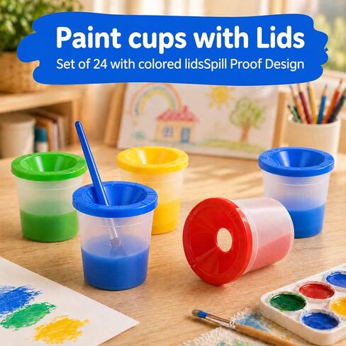 24PCS No Spill Paint Cups with Lids for Kids – Durable Plastic Paint Water Cup Set in 4 Colors, Reusable & Spill Proof for Classroom, Crafts, and Painting Projects in Kuwait