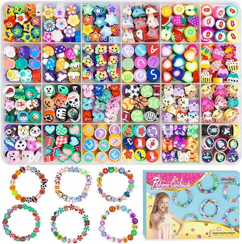 Gionlion 1200 Pcs Polymer Clay Beads Bracelet Making Kit, 25 Style Animal Fruit Flower Butterfly Bunny Pony Letter Beads Charms for Jewelry Making, DIY Art and Crafts Toys Gifts in Kuwait