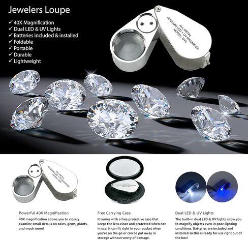 Pineapple 40X Jewelers Loupe with Light, UV Lighted Magnifying Glass Eye Loop, LED Illuminated Metal Pocket Magnifier for Jewelry, Currency, Plants, Coins, Diamonds, Stamps in Kuwait