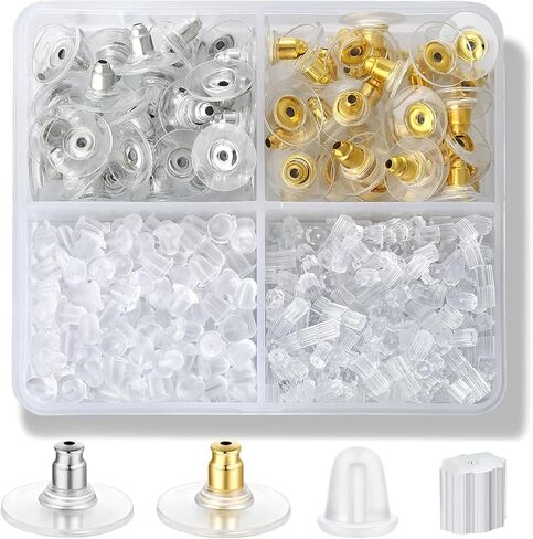 12 Styles 600 Pcs Earring Backs for Studs, Clear Plastic Earrings Hypoallergenic Metal Rubber Silicone Earring Backs Bullet Clutch Stoppers Replacement Kits for Fish Hook Earring Studs Hoops in Saudi Arabia