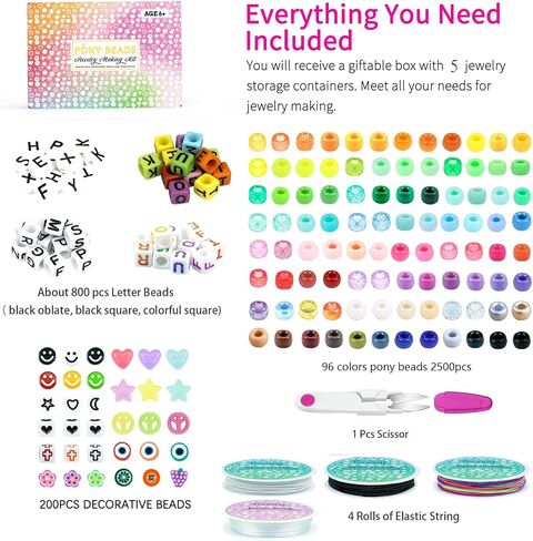 5 Boxes Bracelet Making Kit Pony Beads, 96 Colors Kandi Beads for Bracelets in Saudi Arabia