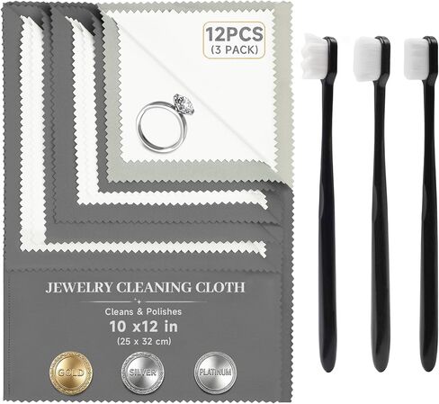 6 PCS Large Silver Polishing Cloth Kit, 3 Pack 10" x 12" Jewelry Cleaner Cloths with 3 Soft Brushes, Tarnish Remover & Scratch-Free Cleaner for Silver, Gold, Diamond, Coins, Watches, Deep Gray & Gray in Kuwait