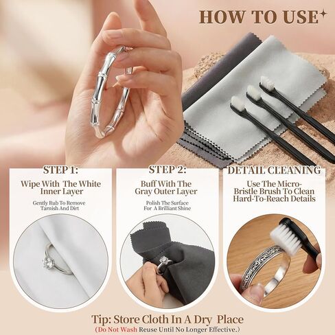 6 PCS Large Silver Polishing Cloth Kit, 3 Pack 10" x 12" Jewelry Cleaner Cloths with 3 Soft Brushes, Tarnish Remover & Scratch-Free Cleaner for Silver, Gold, Diamond, Coins, Watches, Deep Gray & Gray in Kuwait