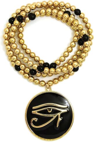 Fashion 21 Egyptian Eye of Horus Round Pendant 6mm 30" Wooden Bead Necklace in Gold Black Tone in Kuwait