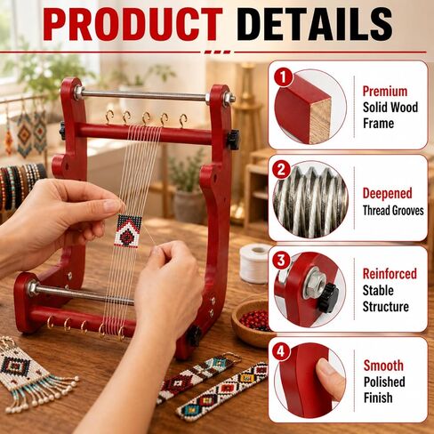 Adjustable Standing Bead Loom Kit, Wooden Beading Loom with Horizontally Sliding Frame, 8.1"–13.8" Adjustable Working Length, Ergonomic Angled Design for Adults and Beginners, Jewelry Making Crafts in Saudi Arabia